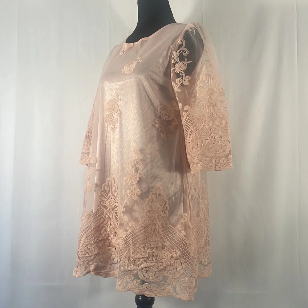 Simply Couture Pink Floral Layered sheer lace Baby doll, Tunic Dress,Size Small - Picture 2 of 11
